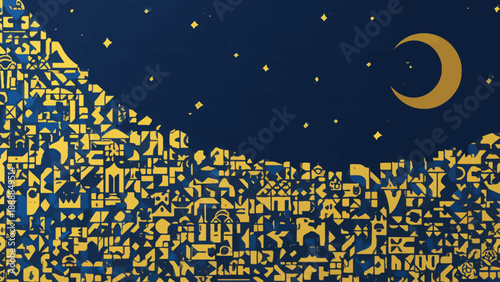 Ancient Cityscape Under Starry Night Sky with Crescent Moon Visible from Aerial Viewpoint