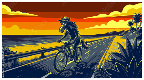 Surreal illustration of horse-headed cyclist on coastal road at sunset