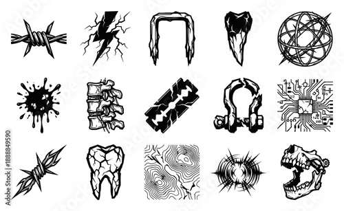 Grungy Linocut Brutalist Hardware and Anatomical Element Kit for Edgy Underground Graphic Design