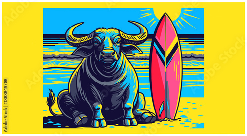 Colorful buffalo and surfboard illustration on vibrant beach background