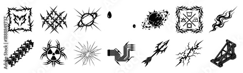Cyber Y2K Neo-Tribal Graphic Elements Asset Sheet for Edgy Streetwear and Digital Counter-Culture Design