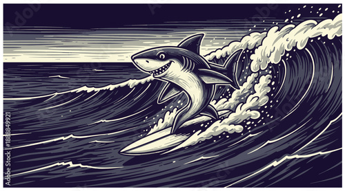 Cartoon shark surfing on ocean waves in black and white illustration