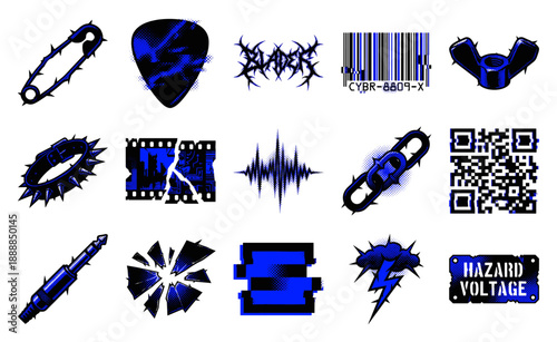 Cyberpunk Distorted Grunge Element Asset Sheet for Edgy Streetwear and Industrial Y2K Graphic Design