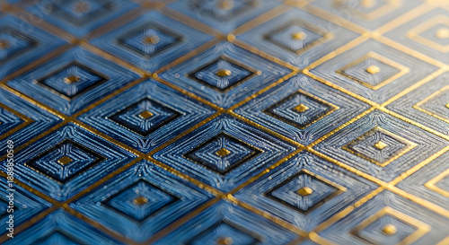 Embossed metallic surface with symmetrical diamond geometry and reflective gold-blue gradient lighting