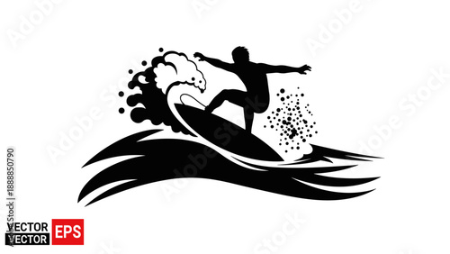 Dynamic Surfer Riding Ocean Wave Silhouette Graphic