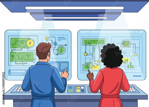 Two individuals collaborating on a complex project using advanced technology and data visualization tools in a futuristic control room setting