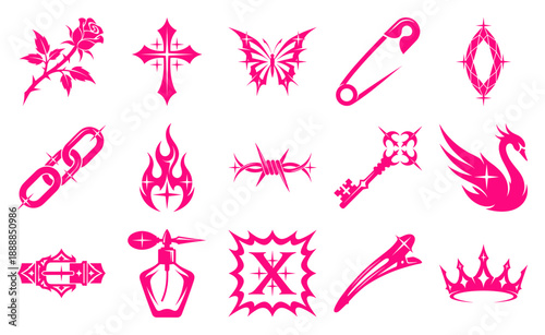 Cyber Y2K Aesthetic Pink Chrometype Symbols and Grunge Coquette Element Kit for Streetwear Fashion