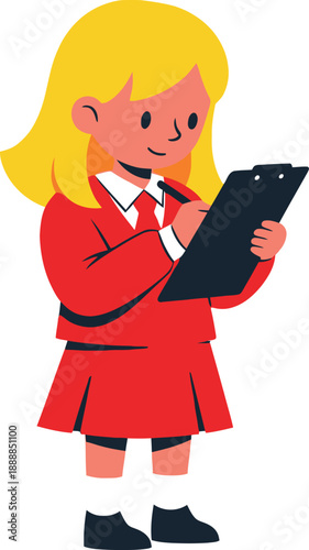 Young girl in a red uniform stands upright holding a dark clipboard and writing something down carefully.