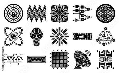 Linocut Technical Engineering Graphic Element Kit for Advanced Aerospace and Cyber Technology Systems