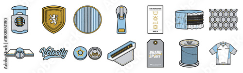 Flat Vector Sportswear Manufacturing Elements Asset Sheet for Apparel Technical Design and Garment Production