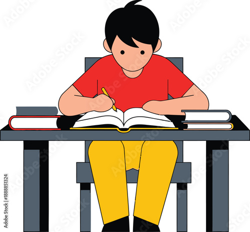 Student boy with dark hair sits at a desk writing diligently in an open book surrounded by textbooks.
