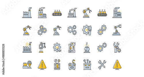 Industrial manufacturing icons set with factory and machinery
