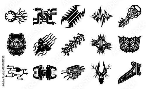 Cybernetic Tech Elements and Biomechanical Sci-Fi Asset Sheet for Futuristic Graphic Design and Gaming UI