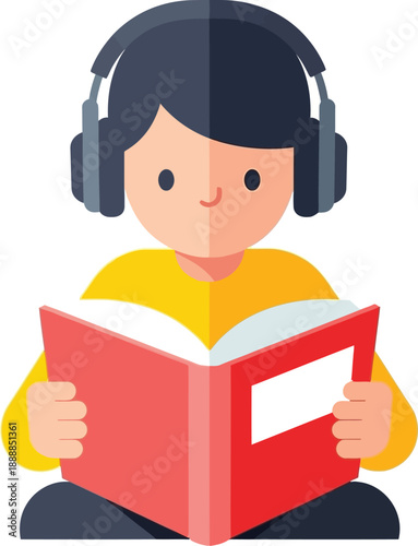 Smiling child wearing large headphones reads an open red book while sitting down for focused concentration on material.