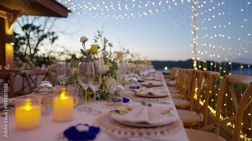 Wedding table with candles dinner.  Setting table row chair flower reception party.

