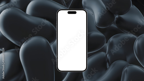 A sleek smartphone with a blank screen is placed on a dark background with smooth rounded shapes
