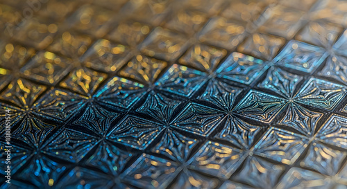Geometric diamond pattern on textured metal background with intricate design and luminous depth