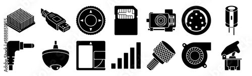 Minimalist Electronic Hardware and Hardware Component Icon Asset Sheet for Industrial Engineering and DIY Tech Graphics