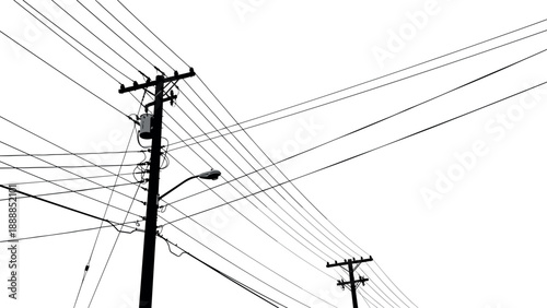 Black and white vector illustration of electricity utility poles and complex power line network against a white background