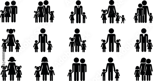 Black family silhouette icons set featuring parents and children in various group compositions isolated on a white background,