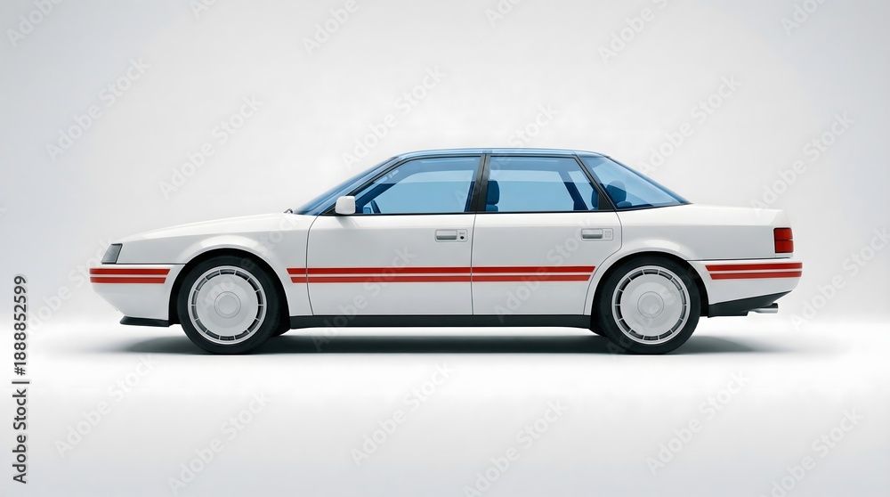 Obraz premium A sleek side view of a white retro-futuristic sedan with red racing stripes and blue-tinted windows against a clean white background.