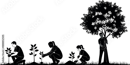 Black silhouette sequence of people planting a small sapling and a man hugging a large fully grown tree