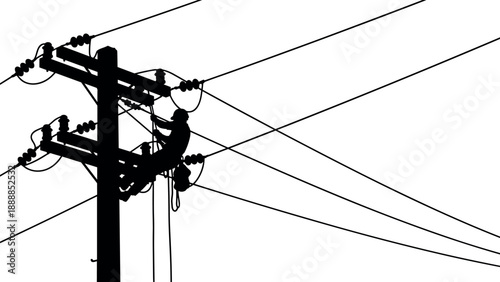 Black silhouette of an electrician lineman working on high voltage power lines and utility pole against white background