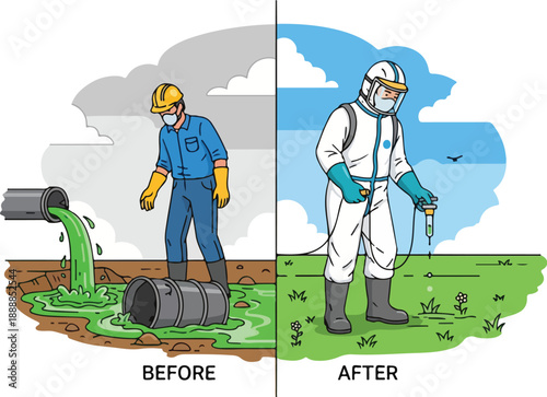 Industrial pollution cleanup effort before and after hazardous waste removal by workers in protective gear