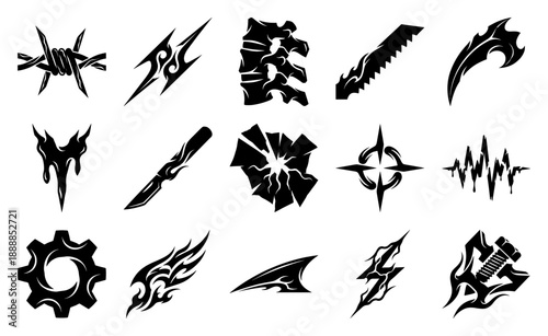 Tribal Grunge Industrial Symbol Element Kit for Cyberpunk Edgy Streetwear and Tactical Graphic Design