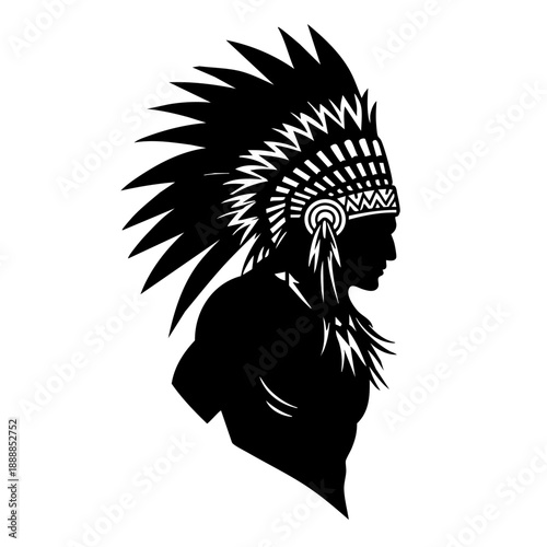 Silhouette Detailed Native American Chief Headdress Profile Tribal Illustration