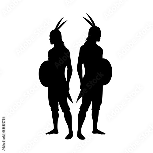 Silhouette Tribal Warrior Stand and Carrying Shield Traditional Culture Illustration