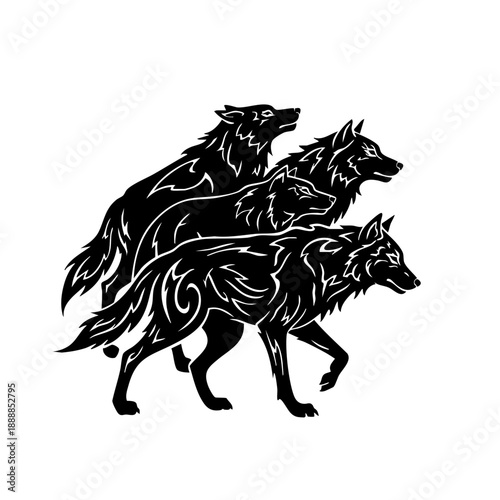 Tribal Style Intricate Wolves Pack Silhouette Animal Illustration Art