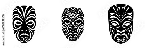 Tribal Tattoo Style Black Masks Displaying Traditional Indigenous Art Illustrations