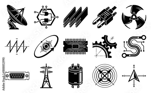 Stylized High-Contrast Technical Graphics and Engineering Element Kit for Industrial Electronics and Aerospace Design