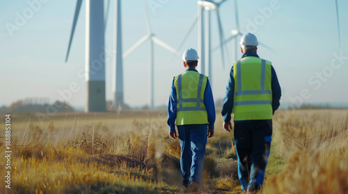 Two workers in safety vests walking through a field towards wind turbines. Ideal for clean energy and sustainability campaigns, wind power and green technology promotions, workforce visuals