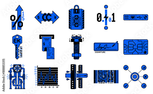 Pixel Art Industrial Fintech Graphic Set for Cyberpunk Data Analytics and Hardware Infrastructure