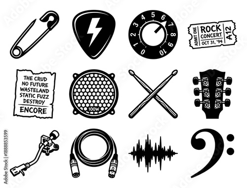 Vintage Grunge Rock and Punk Music Graphic Element Kit for Underground Gig Posters and Streetwear Designs