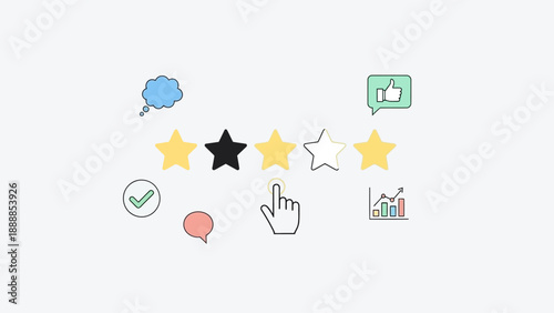 Illustration of star rating system with feedback and analytics icons.