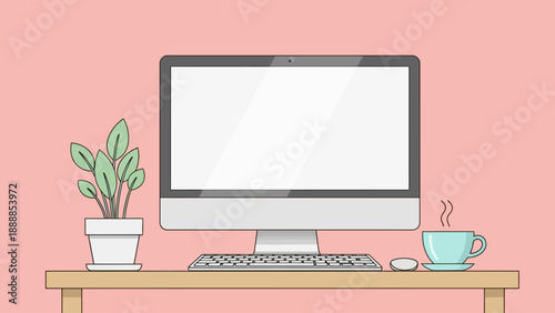 Minimalist workspace with computer, plant, and coffee cup on desk.