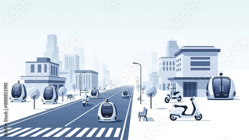 Futuristic cityscape with autonomous vehicles and modern urban transportation.