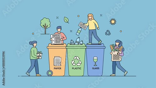 People sorting waste into separate recycling bins for plastic, paper, and glass.