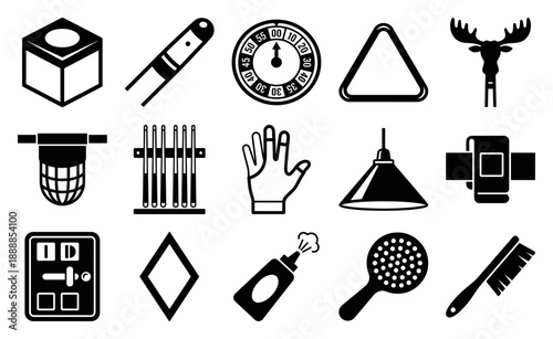 Minimalist Billiard Equipment and Snooker Room Icon Set for Sports Club Branding and Game Signage