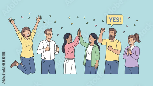 Group of diverse people celebrating success and positivity together.