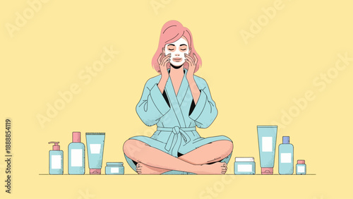 Young woman enjoying a relaxing skincare routine with various beauty products.