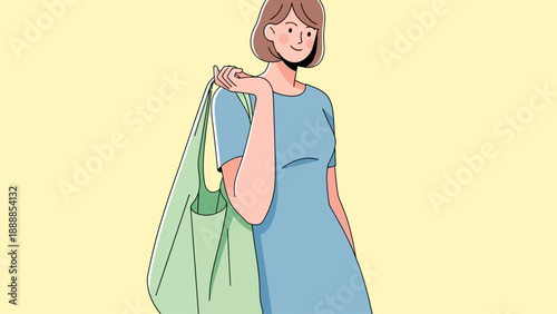 Young woman carrying reusable shopping bag to promote eco-friendly lifestyle.