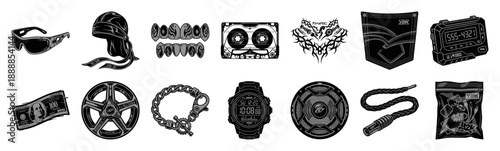 Retro Streetwear Woodcut Subculture Element Kit for Urban Y2K Nostalgia Graphic Design