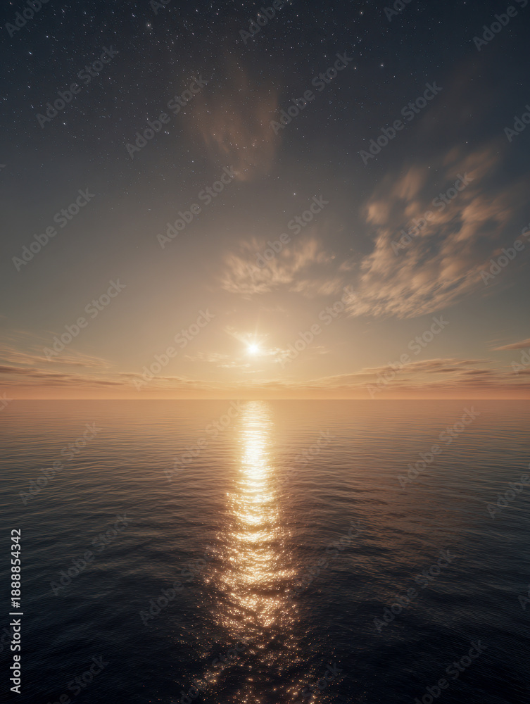 Obraz premium Serene ocean horizon at sunset with shimmering golden light reflecting on calm water under a beautifully textured sky with gentle clouds and stars beginning to appea