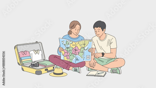 Young couple sitting on floor planning a trip with map and travel accessories.