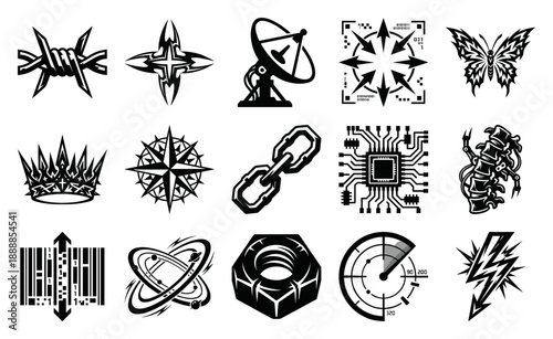 Neo-Tribal Cybercore Vector Graphic Elements Sheet for Edgy Streetwear and Futuristic Y2K Branding
