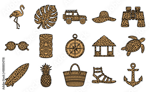 Animal Print Tropical Travel Element Kit for Exotic Safari and Beach Vacation Graphics